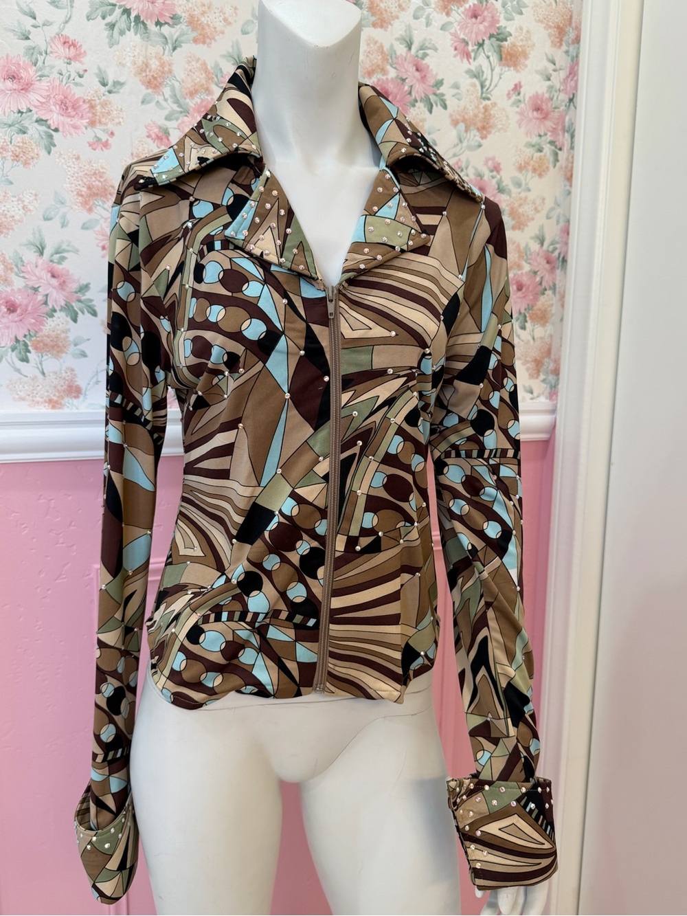 Real Swarovski  Vintage Brown and Blue Abstract Zip-Front Button Down